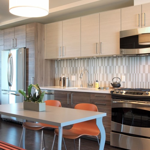 Community Room resident kitchen with ample counters-space and modern decor